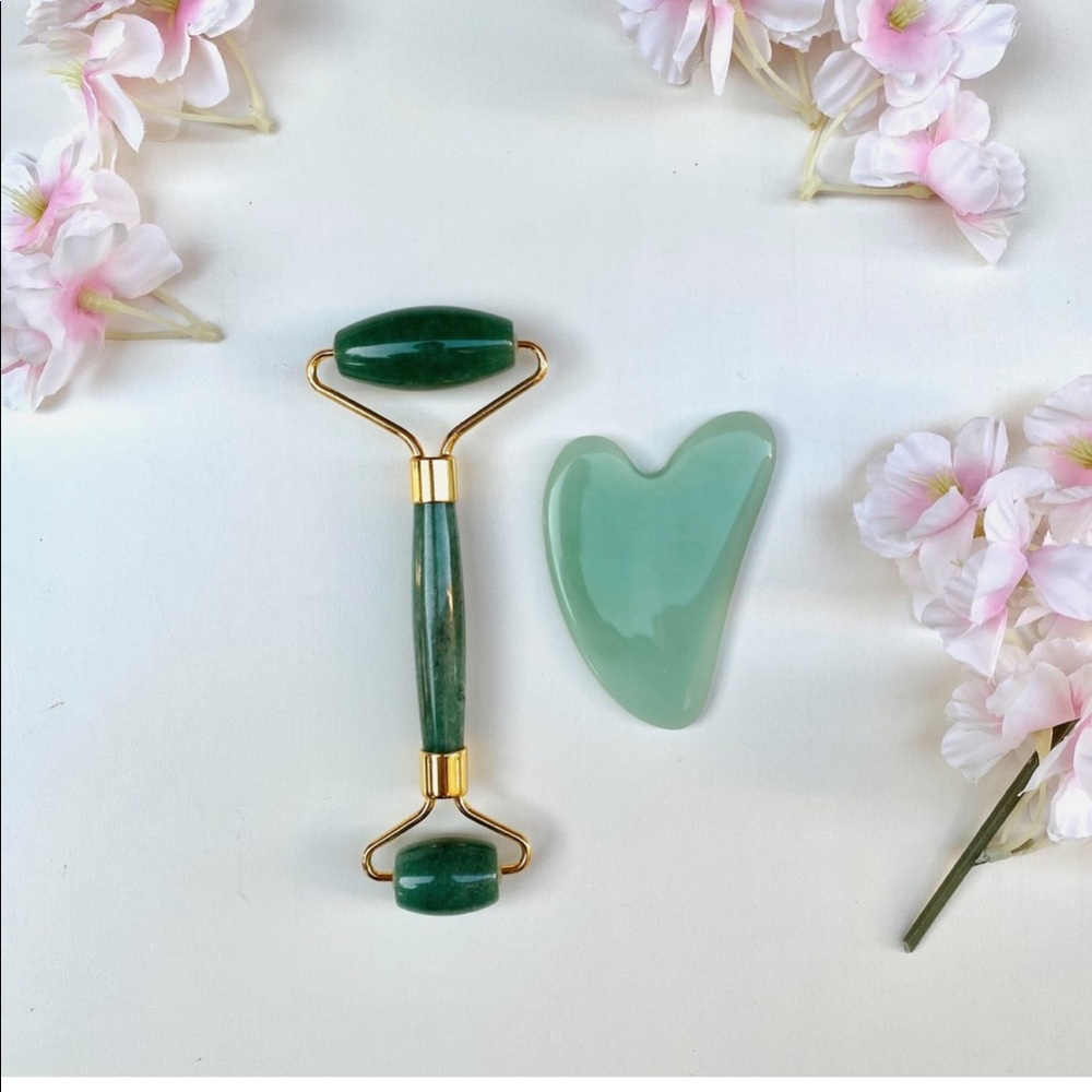 jade green gua sha + roller facial massage tools